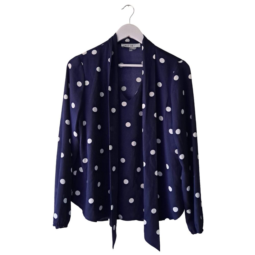 Kasper Blouse Polka Dot Tie Neck Long Sleeve Top Navy Blue White Womens Size S